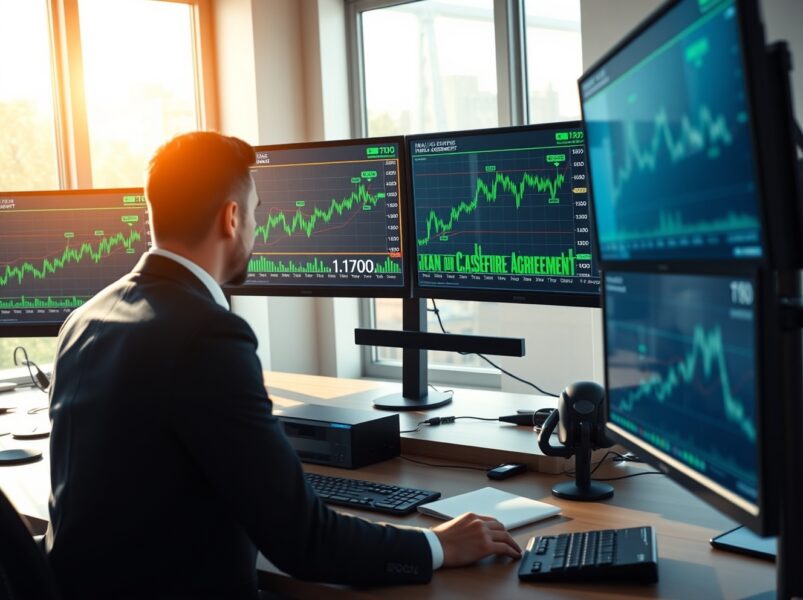 EUR/USD forex trading charts reacting to Iran ceasefire news on professional trading desk monitors