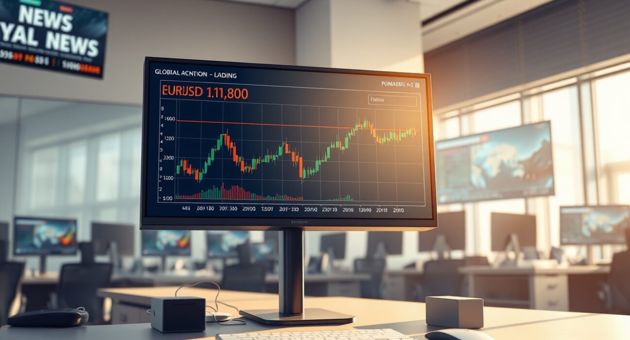 EUR/USD forex chart analysis on trading desk monitor showing price near 1.1800 amid geopolitical news.