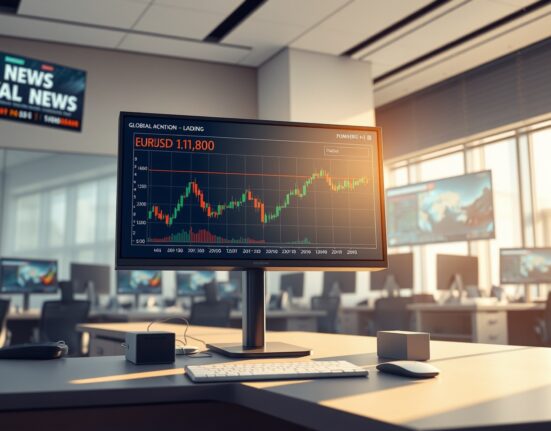 EUR/USD forex chart analysis on trading desk monitor showing price near 1.1800 amid geopolitical news.