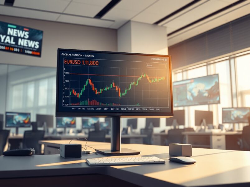 EUR/USD forex chart analysis on trading desk monitor showing price near 1.1800 amid geopolitical news.
