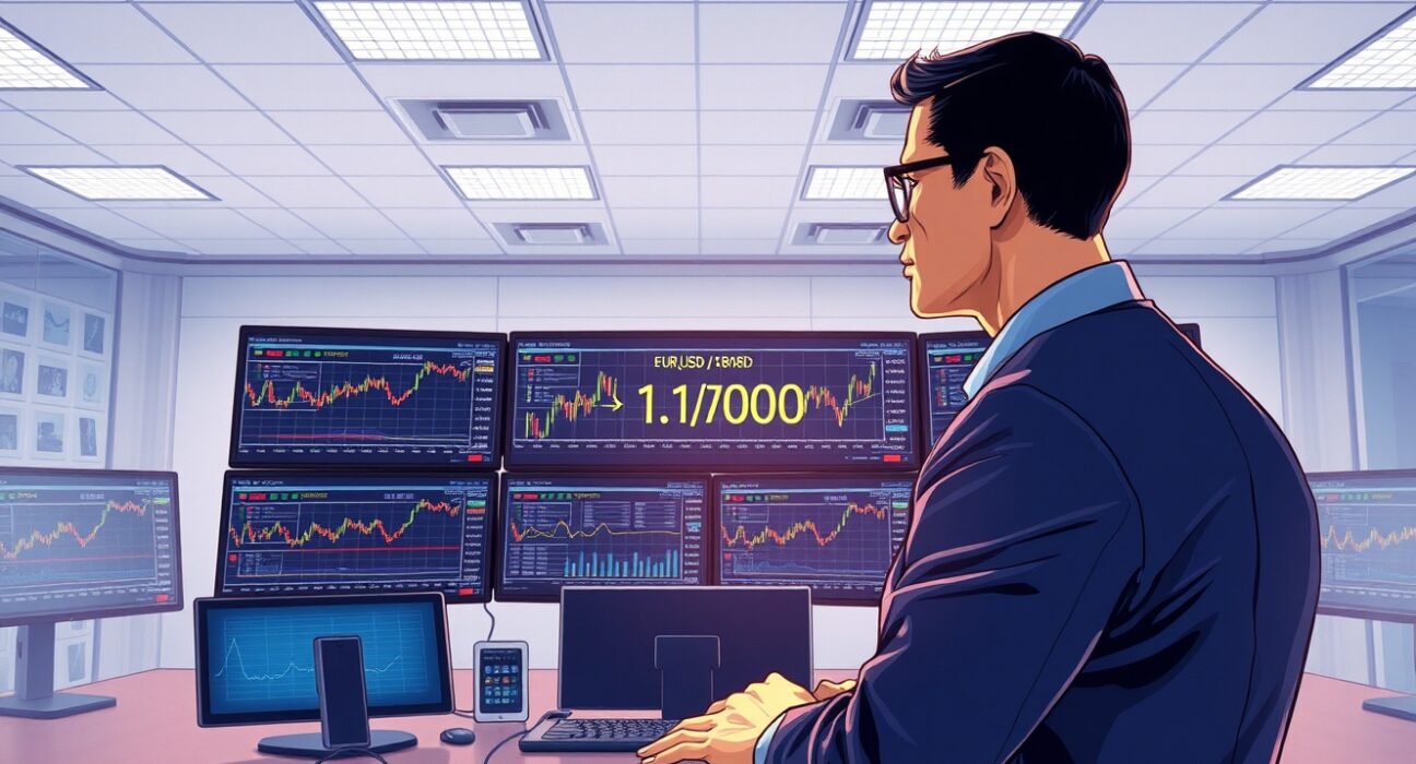 EUR/USD forex trading reaction to Ukraine peace deal rumors on financial market screens