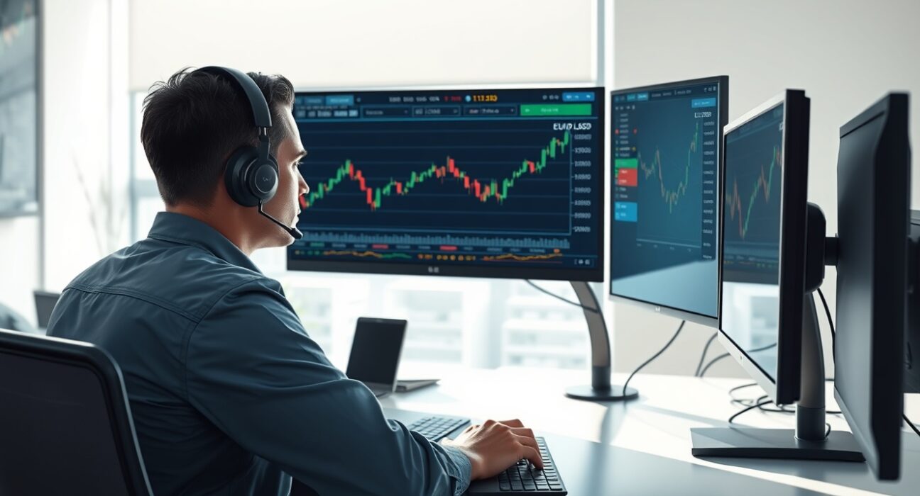 Trader monitors EUR/USD forex chart as geopolitical tensions impact currency markets.