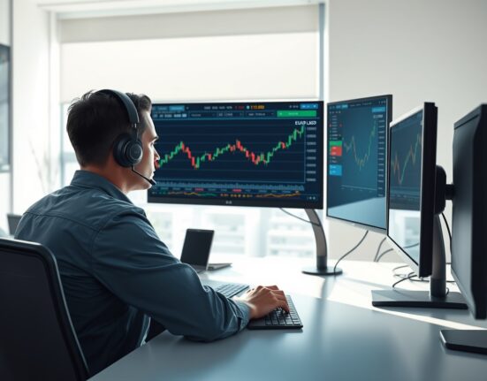 Trader monitors EUR/USD forex chart as geopolitical tensions impact currency markets.