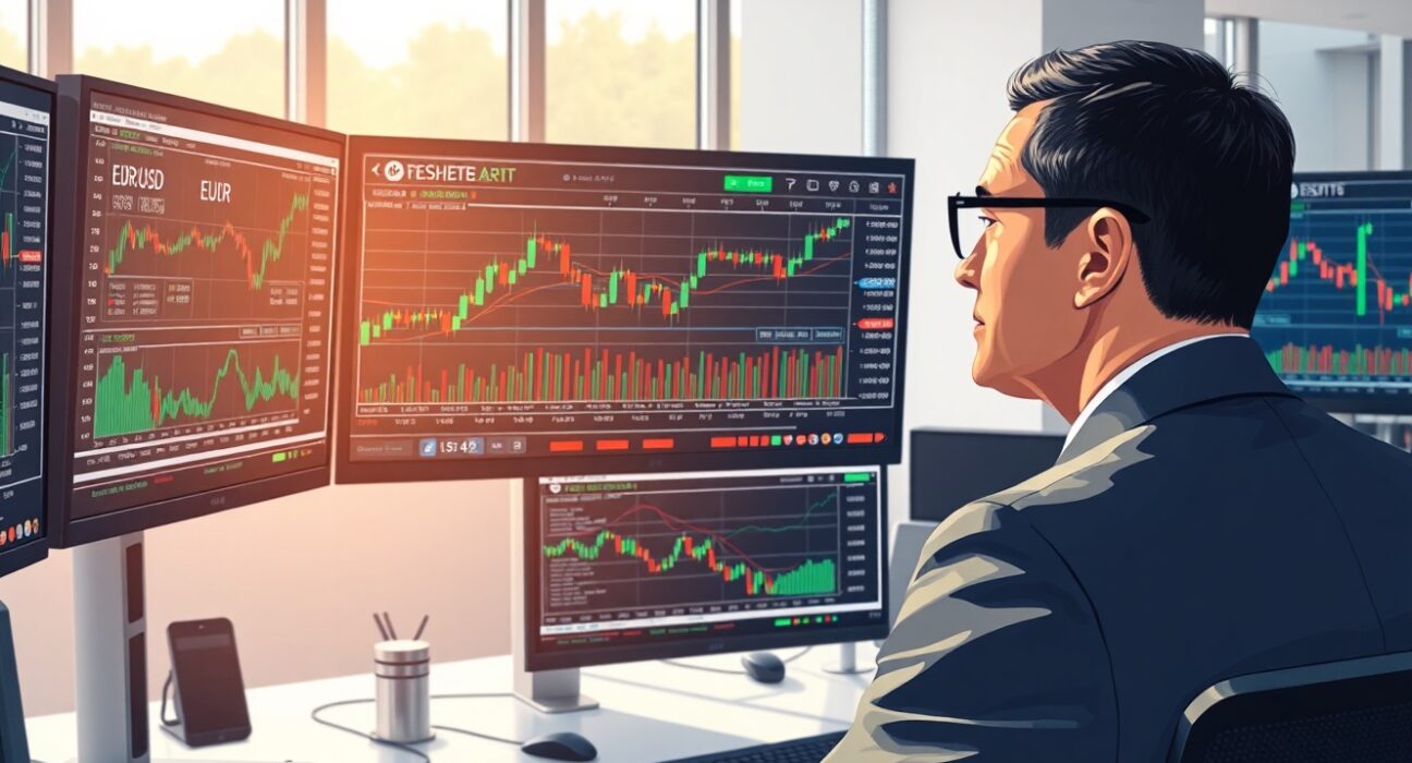 Financial analyst examines EUR/USD currency charts and economic data for market de-escalation signals