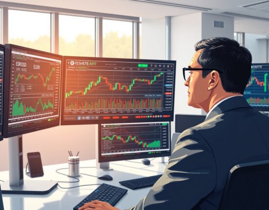 Financial analyst examines EUR/USD currency charts and economic data for market de-escalation signals