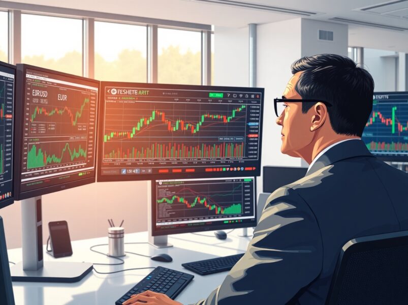 Financial analyst examines EUR/USD currency charts and economic data for market de-escalation signals
