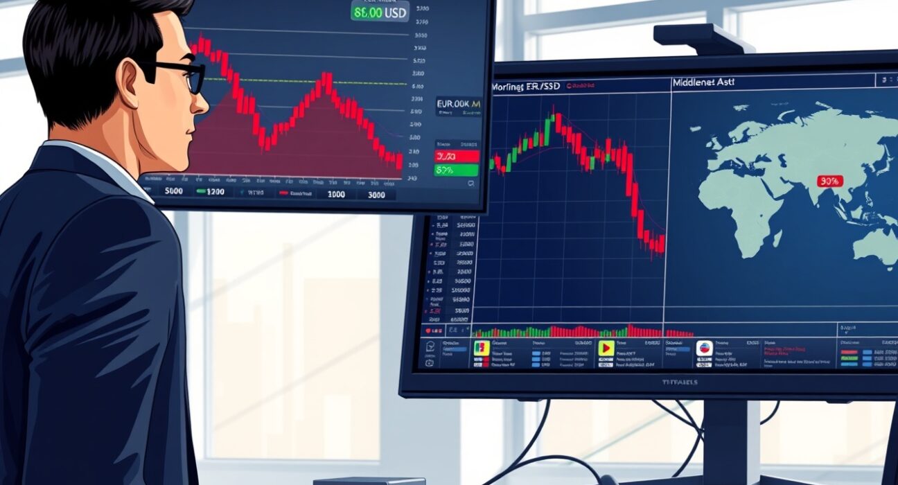 EUR/USD currency chart declining amid Middle East geopolitical tensions affecting financial markets