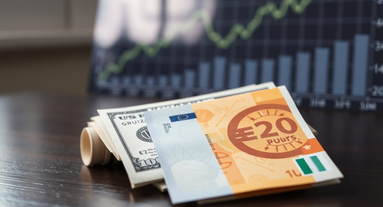 Euro and US dollar banknotes with financial chart in background