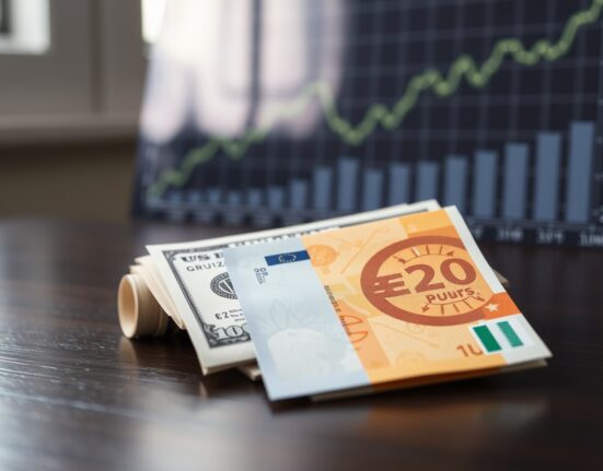 Euro and US dollar banknotes with financial chart in background