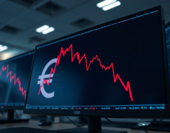 EUR/USD chart showing a sharp decline to fresh monthly lows below 1.1700, reflecting souring market sentiment in forex trading.