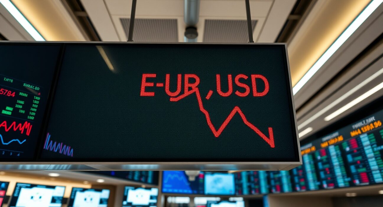 EUR/USD exchange rate board showing a decline in a financial district
