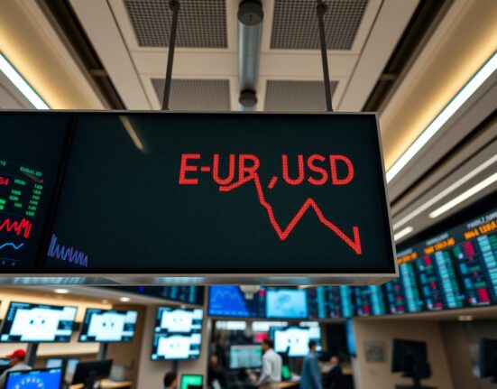 EUR/USD exchange rate board showing a decline in a financial district