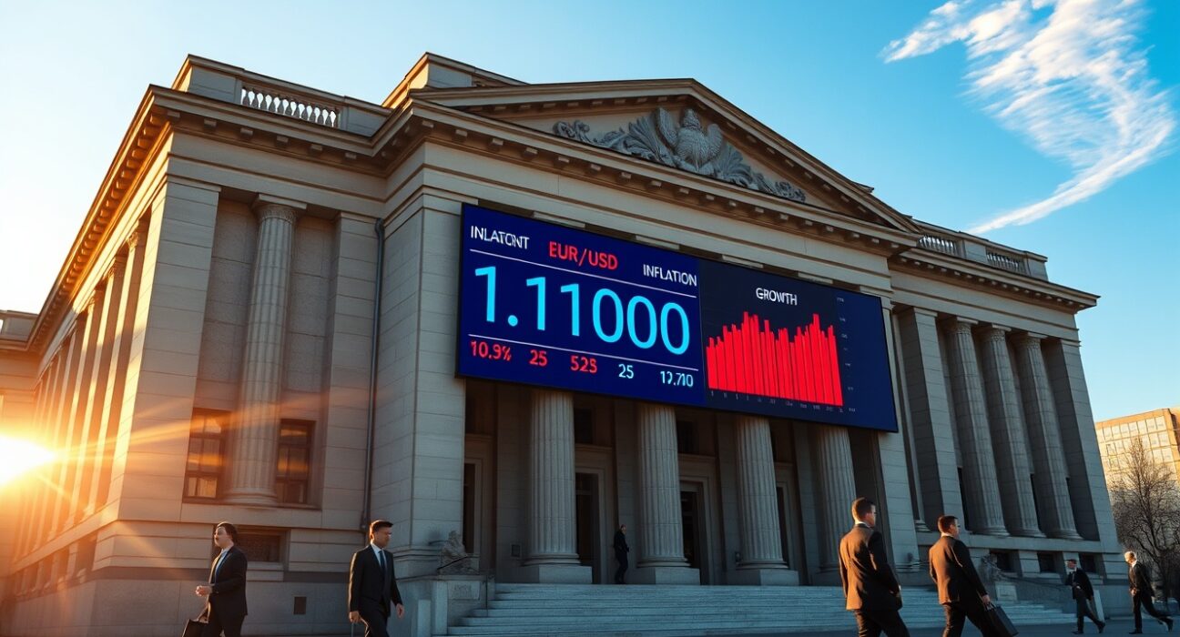 EUR/USD exchange rate display at 1.1700 outside European Central Bank in Frankfurt, with inflation and growth charts