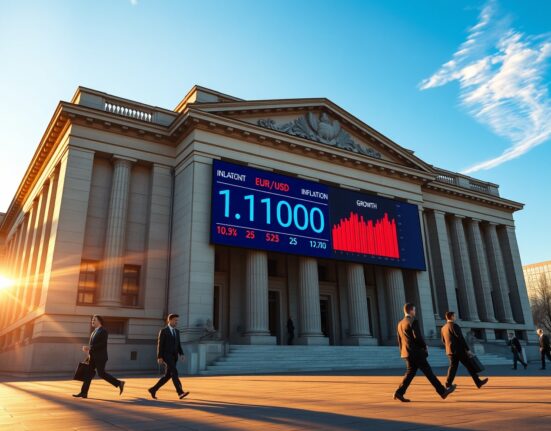 EUR/USD exchange rate display at 1.1700 outside European Central Bank in Frankfurt, with inflation and growth charts