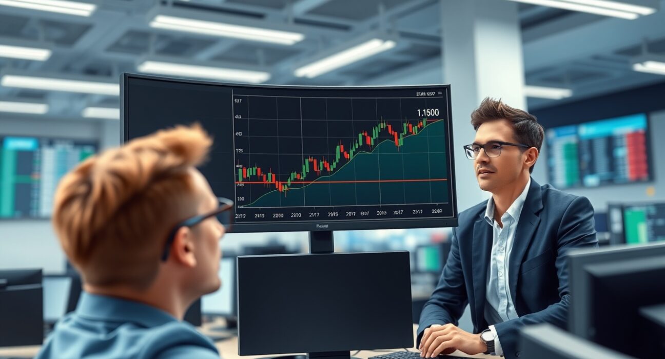 Forex traders analyzing the EUR/USD pair's rise toward the 1.1700 level on a market monitor.