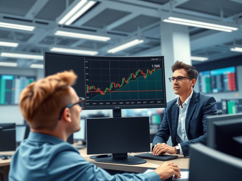 Forex traders analyzing the EUR/USD pair's rise toward the 1.1700 level on a market monitor.