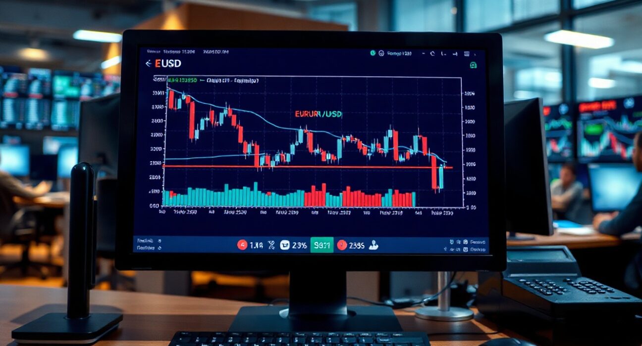 EUR/USD chart on a trading screen showing a declining trend, symbolizing currency market analysis.
