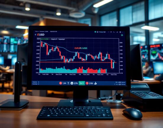 EUR/USD chart on a trading screen showing a declining trend, symbolizing currency market analysis.