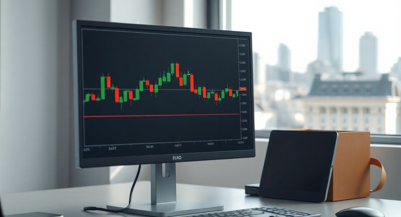 EUR/USD candlestick chart showing range-bound trading on a monitor in a professional office setting.