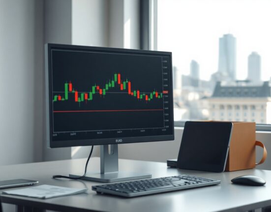 EUR/USD candlestick chart showing range-bound trading on a monitor in a professional office setting.
