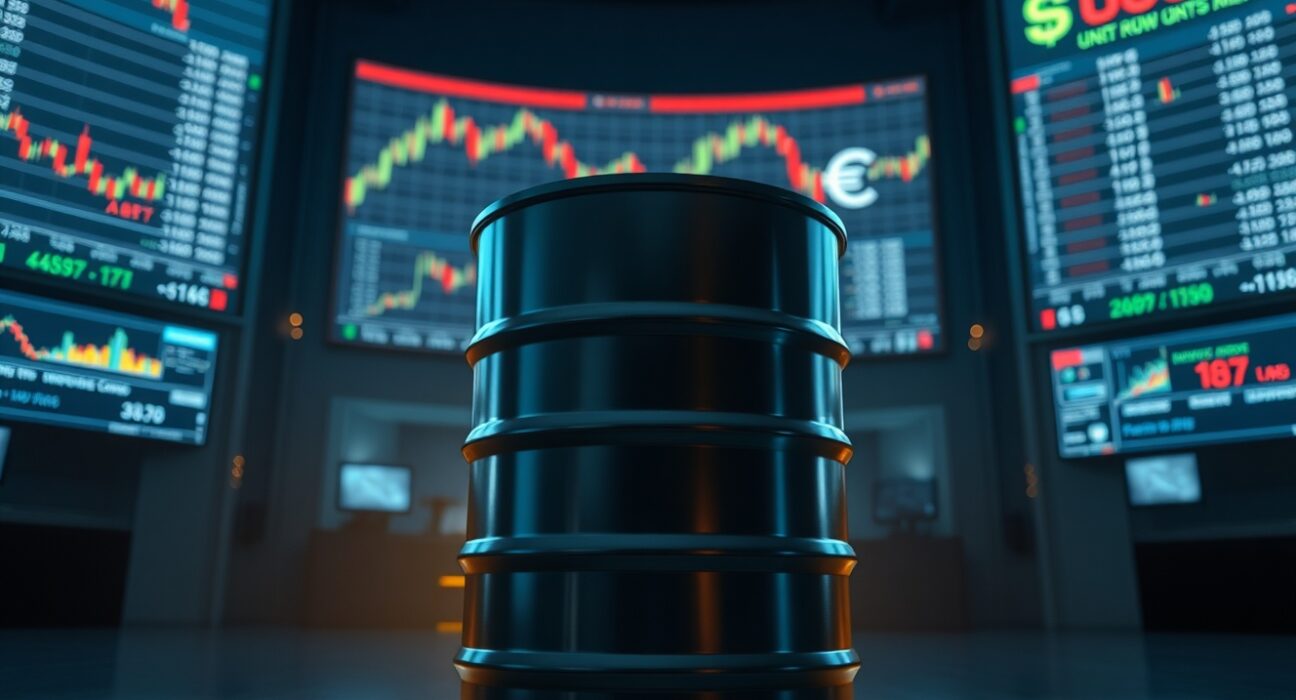 EUR/USD chart and oil barrel illustration representing Dollar support from higher oil prices, based on Societe Generale analysis.