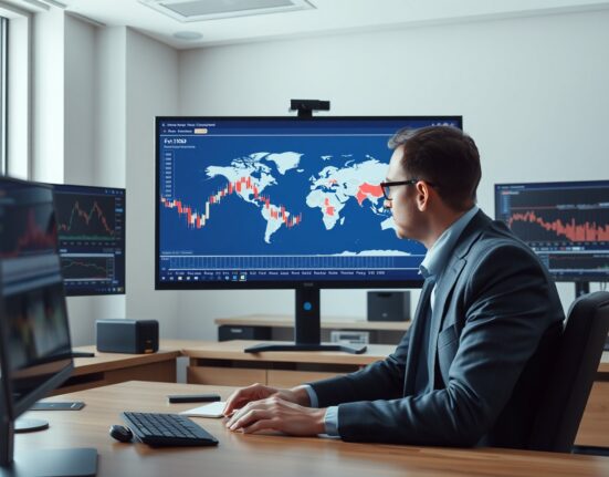Financial analyst monitoring EUR/USD chart amid geopolitical conflict and oil price volatility