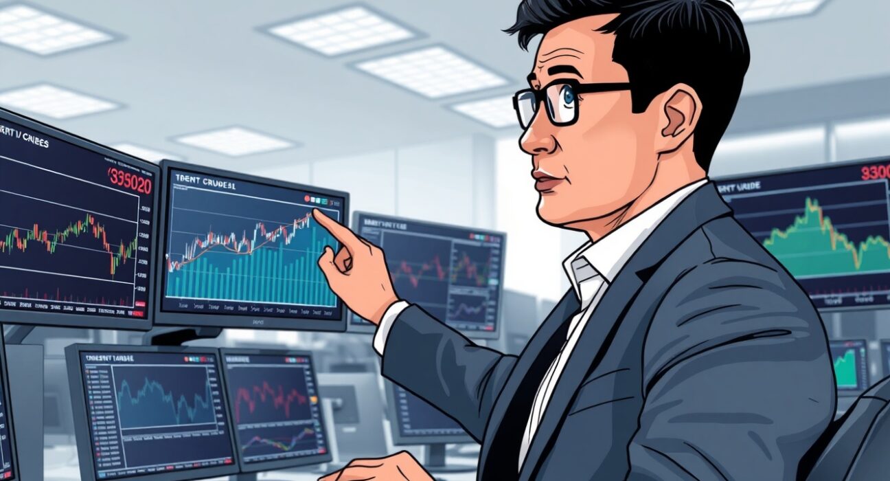 Financial analyst examining EUR/USD and oil price charts showing terms of trade impact on currency markets.