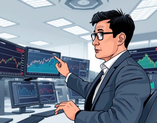 Financial analyst examining EUR/USD and oil price charts showing terms of trade impact on currency