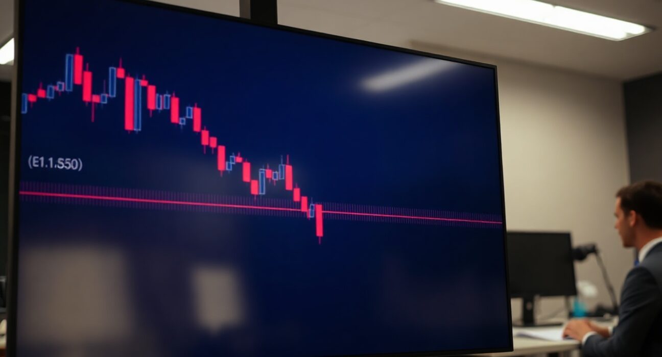 EUR/USD currency pair chart showing decline to one-year low near 1.1350 level in trading office