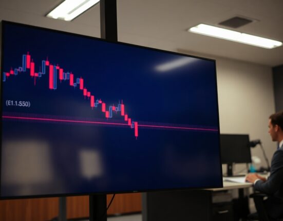 EUR/USD currency pair chart showing decline to one-year low near 1.1350 level in trading office