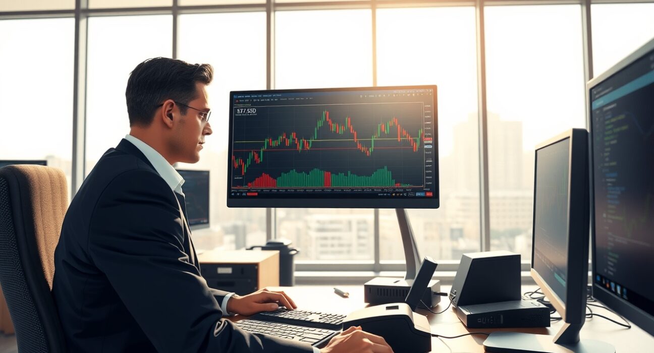 EUR/USD options analysis showing pre-war volatility patterns on trading desk monitor