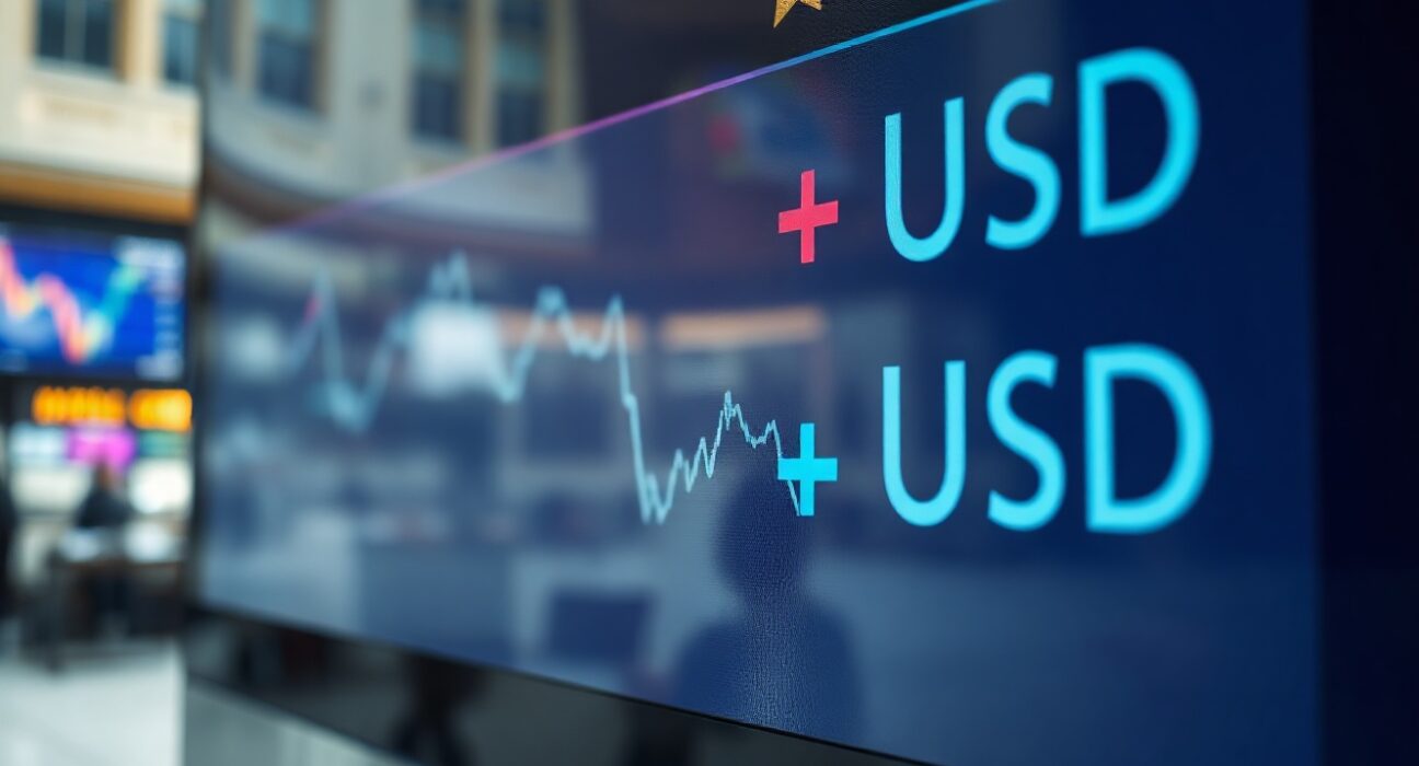 EUR/USD exchange rate chart on a trading screen with a financial district background