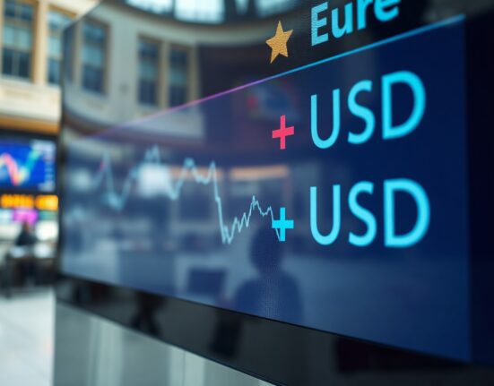 EUR/USD exchange rate chart on a trading screen with a financial district background