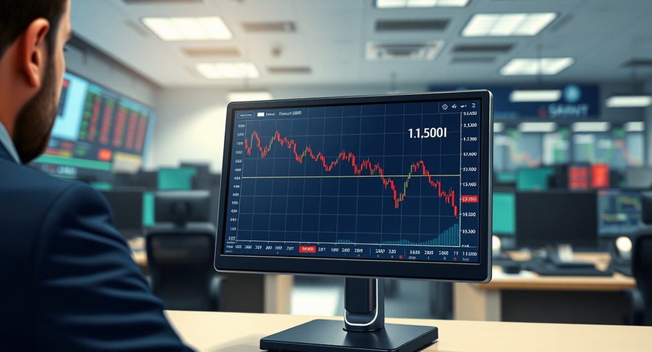 EUR/USD exchange rate chart showing dramatic decline to 1.1500 level on financial trading terminal