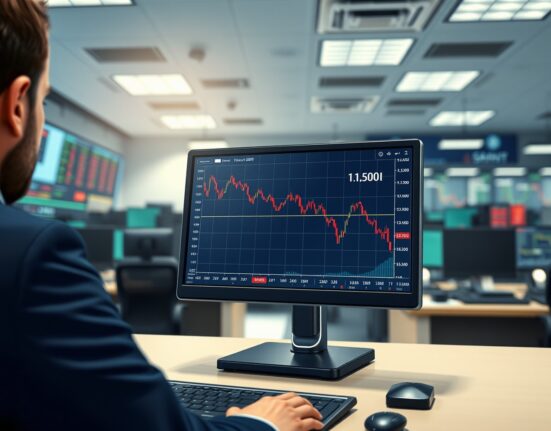 EUR/USD exchange rate chart showing dramatic decline to 1.1500 level on financial trading terminal