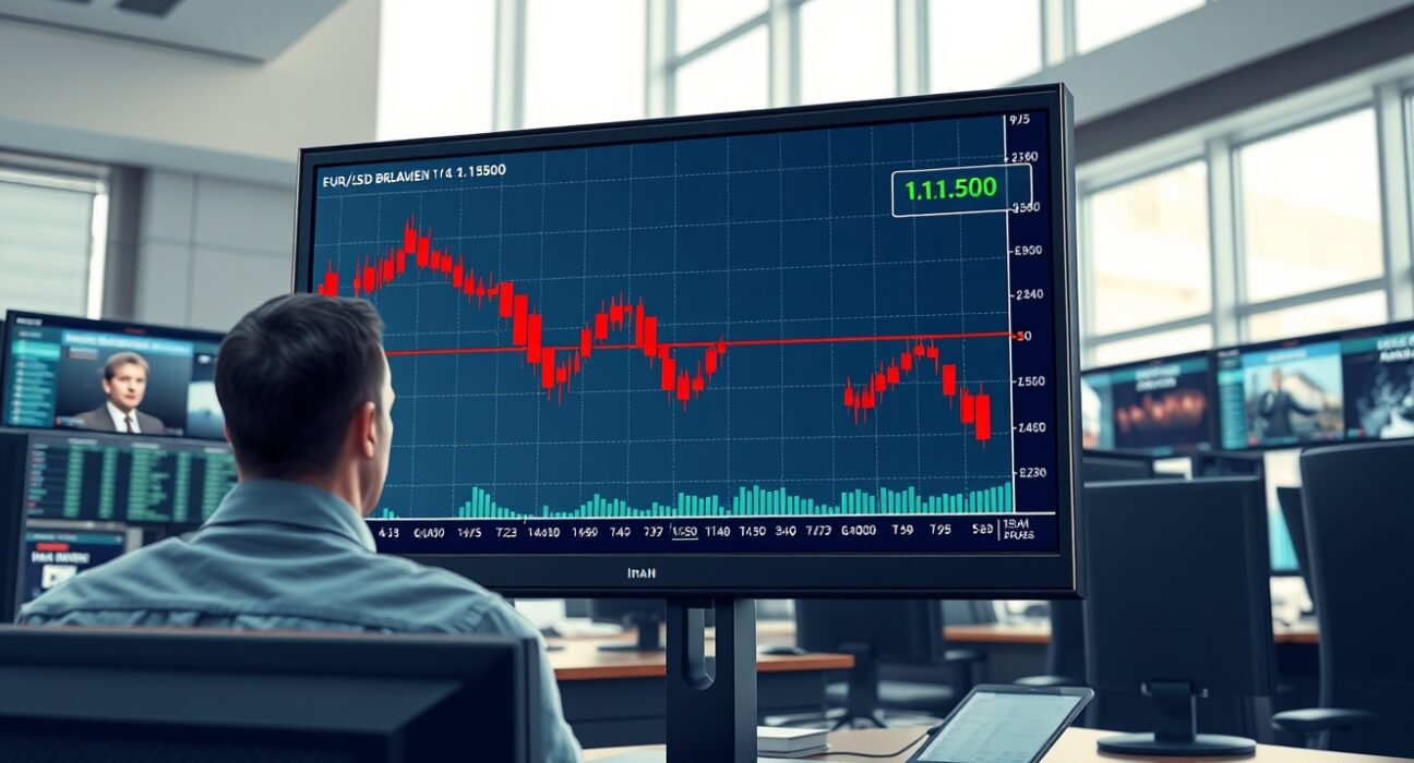 EUR/USD currency chart breaking below 1.1500 amid Iran-US geopolitical tensions affecting forex markets.