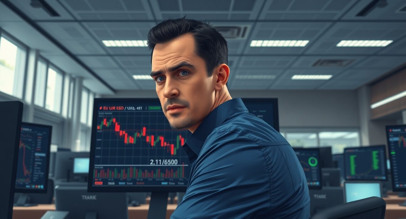 Trader analyzes EUR/USD forex chart plunging amid Middle East crisis driving US Dollar demand.