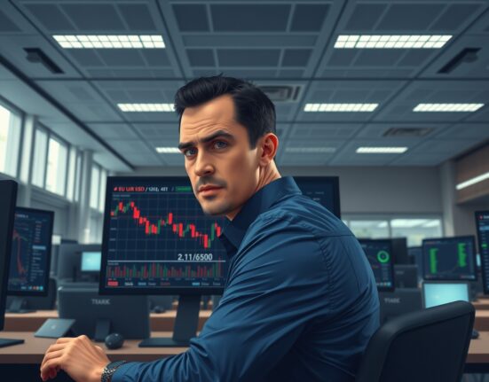 Trader analyzes EUR/USD forex chart plunging amid Middle East crisis driving US Dollar demand.