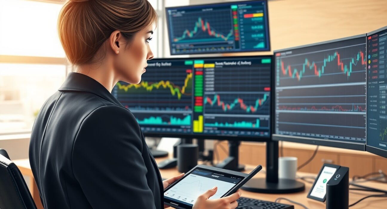 Financial analyst reviewing EUR/USD charts and PMI data for Danske Bank forex market analysis