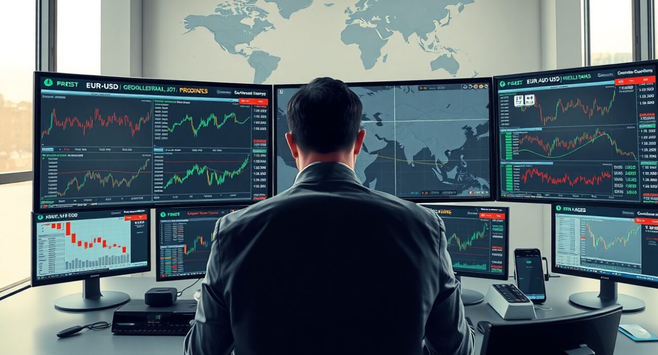 Financial analyst monitoring EUR/USD currency charts amid geopolitical tensions with Iran rejecting US ceasefire proposal.