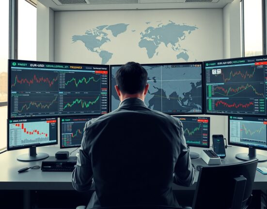 Financial analyst monitoring EUR/USD currency charts amid geopolitical tensions with Iran rejecting US ceasefire proposal.