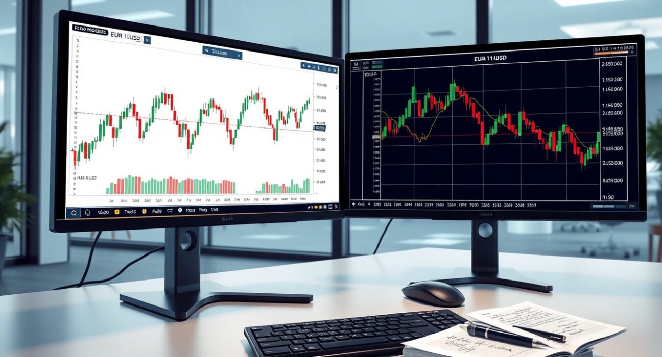 EUR/USD price forecast analysis showing trading desk with real-time charts and technical indicators