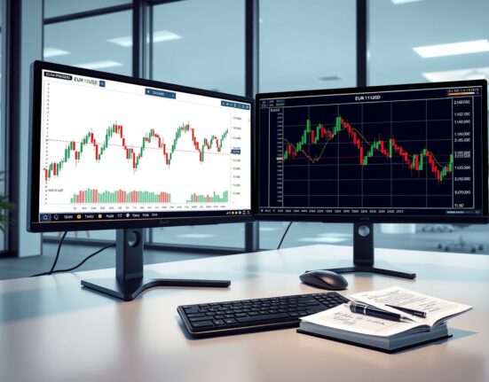 EUR/USD price forecast analysis showing trading desk with real-time charts and technical indicators