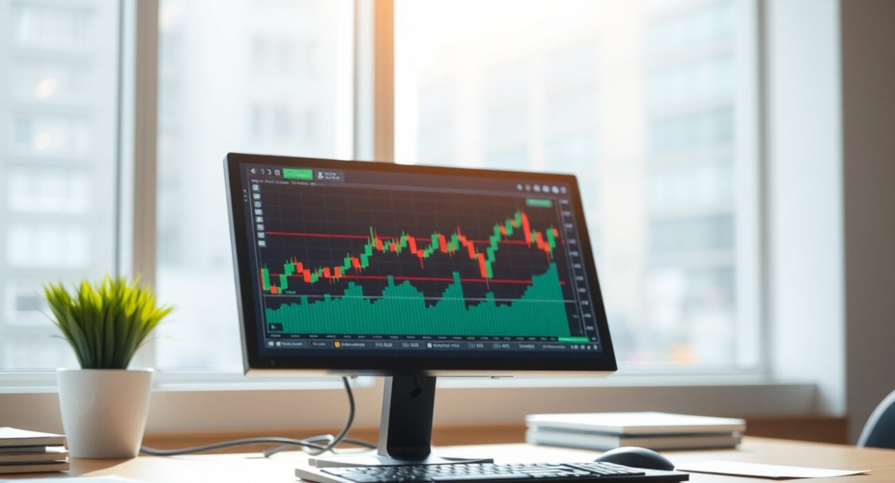 EUR/USD currency pair trading chart on a screen with euro and dollar symbols