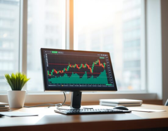 EUR/USD currency pair trading chart on a screen with euro and dollar symbols
