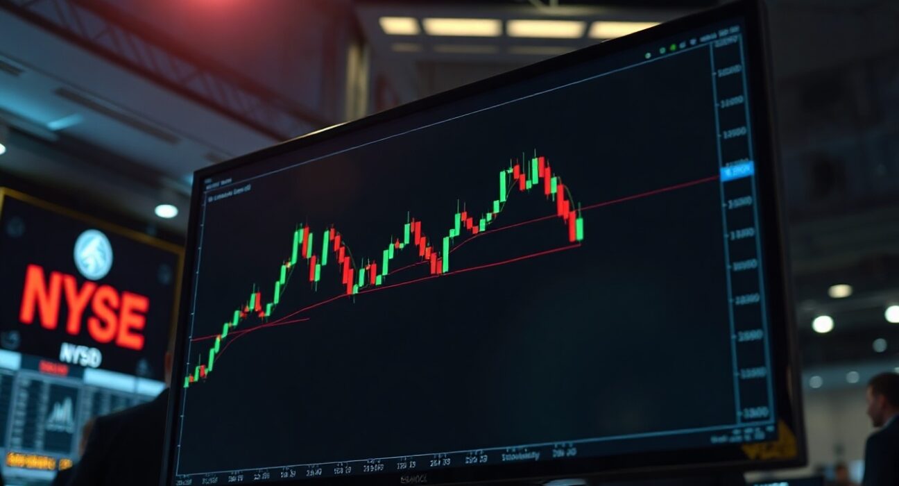 EUR/USD candlestick chart with 20-day moving average on a trading floor monitor