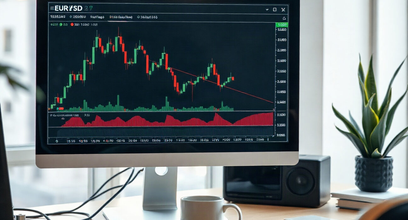 EUR/USD chart showing a minor correction within an uptrend on a computer screen