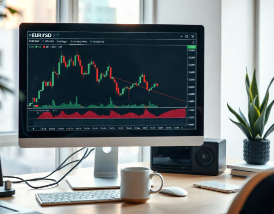 EUR/USD chart showing a minor correction within an uptrend on a computer screen