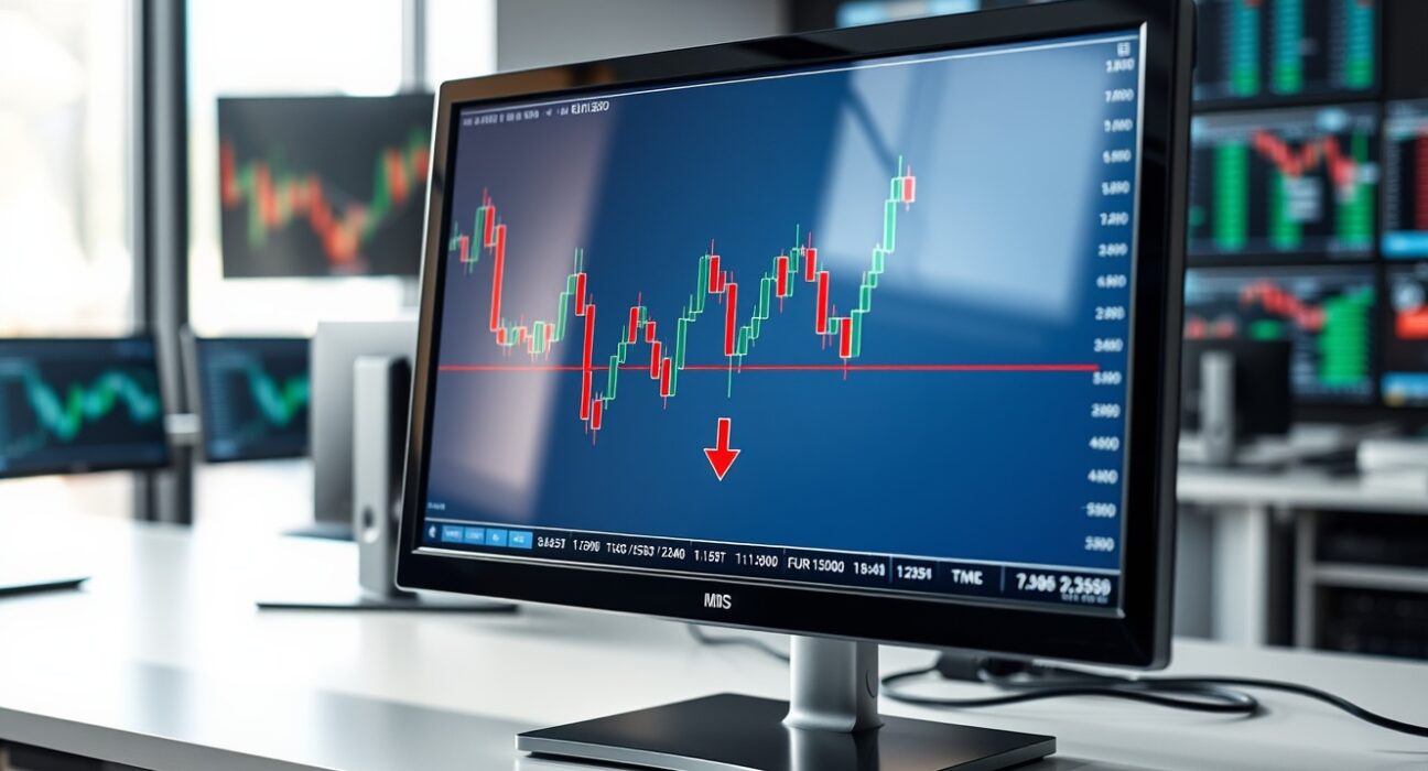 EUR/USD candlestick chart showing Double Top breakdown with downward arrow toward 1.1500 on a trading monitor