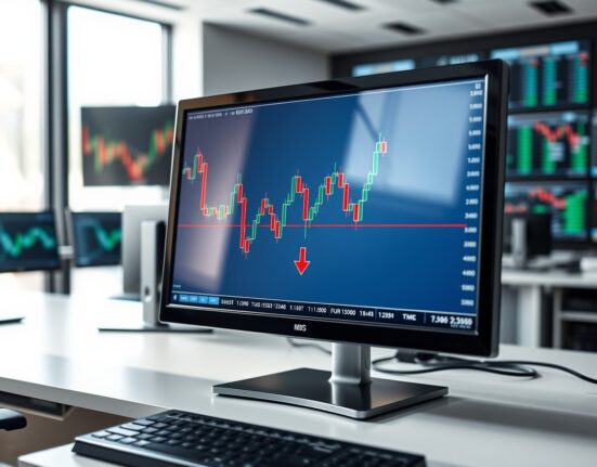 EUR/USD candlestick chart showing Double Top breakdown with downward arrow toward 1.1500 on a trading monitor